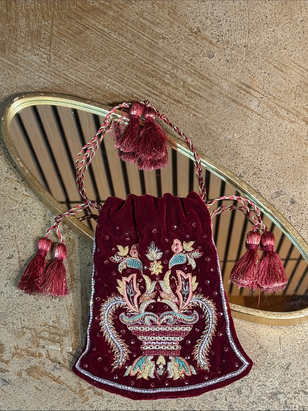 Burgundy Embroidered/beaded Velvet Hand Bag